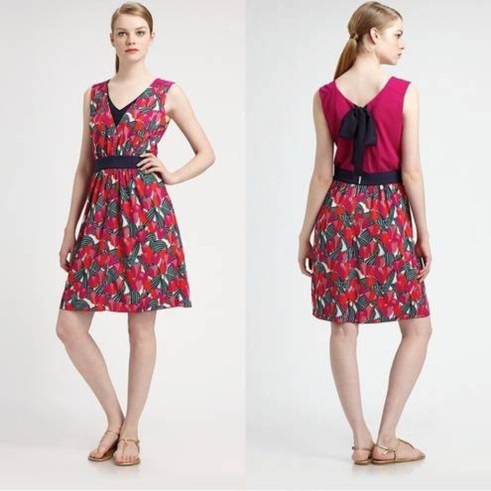 Tory Burch Augustina Tulip Floral Print V-Neck Tie Back Dress Medium Pink Navy